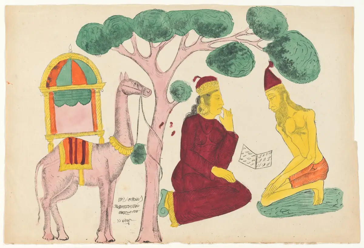 Hand-coloured Calcutta lithograph of Layla visiting Majnun, 1856